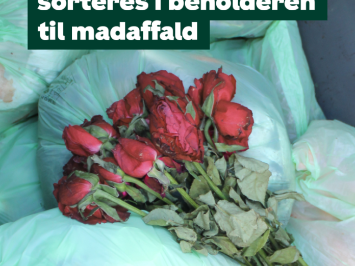 Visne roser blandt bioposer med madaffald. På billedet står følgende tekst: Visne roser skal sorteres i beholderen til madaffald.